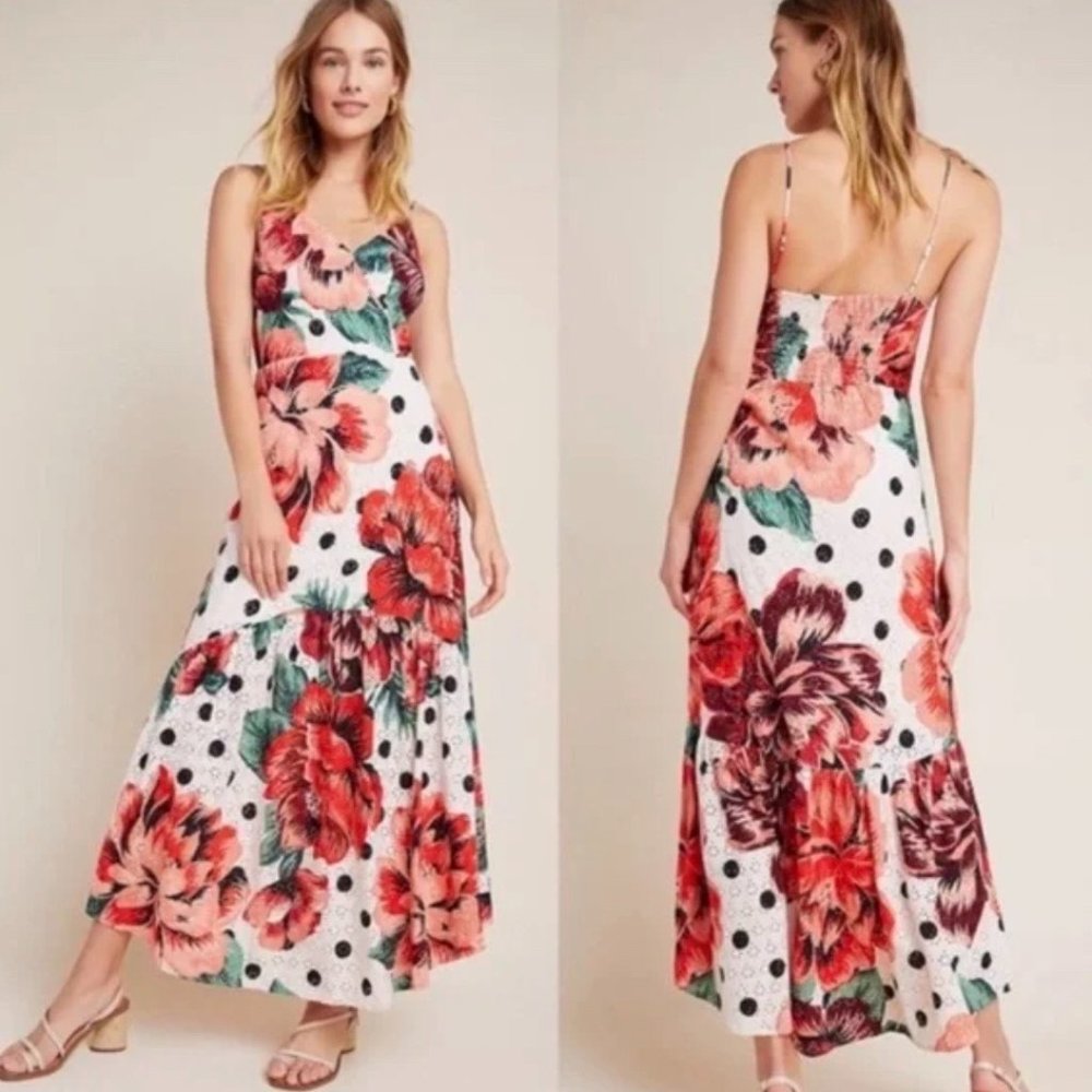 Farm Rio For Anthrpologie Riviera Maxi Dress Eyelet Floral Size 4 Women's